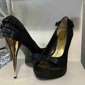 Satin black peep toe heels
